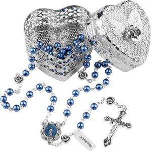 Catholic Rosary Necklace Glass Pearl Beads Heart Rose Gift Box Daily Wear